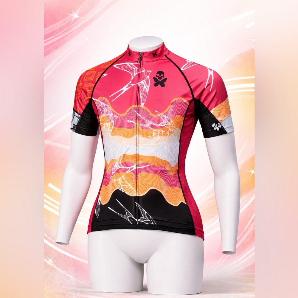 Betty Designs Cycling Zip Up Top Sedona Jersey Pink Orange Skull Butterfly Sz M